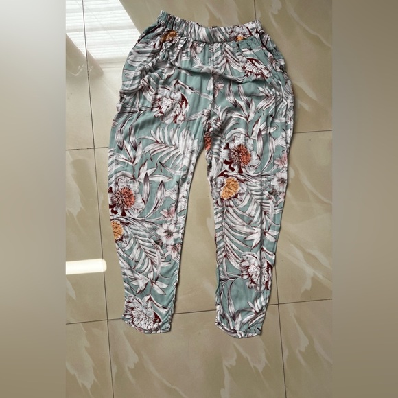 Eloise Pants Women 1 Mustard Yellow Grey Floral Print Smocked Elastic Cotton - Picture 3 of 16